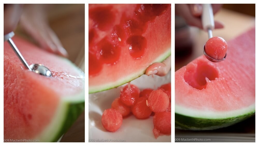 Collage of prepping watermelon. First photo shows using a melon baller. Second photo shows pouring juice from rind. And the third photo shows a perfectly round melon ball for garnish.