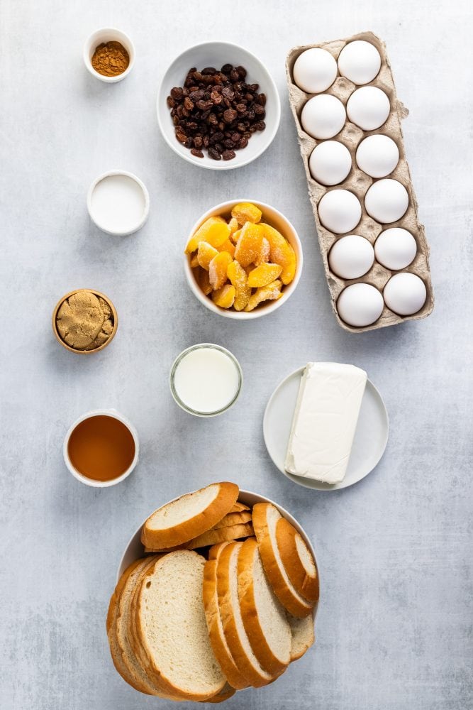 Overhead shot of ingredients for bread pudding.