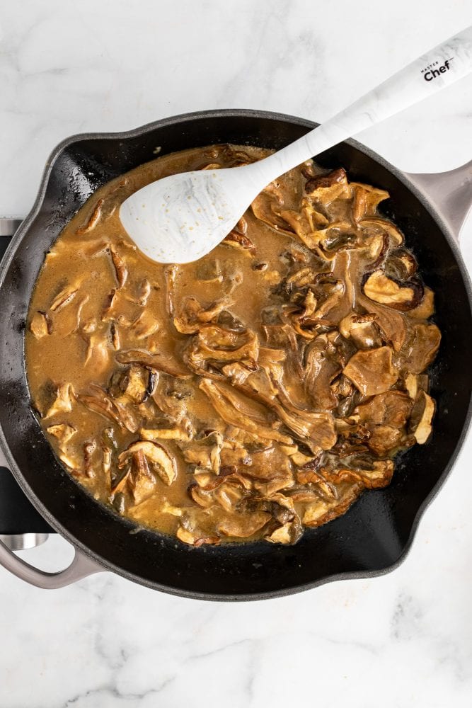 Top view of dried mushrooms as they start to absorb the liquid they're in.