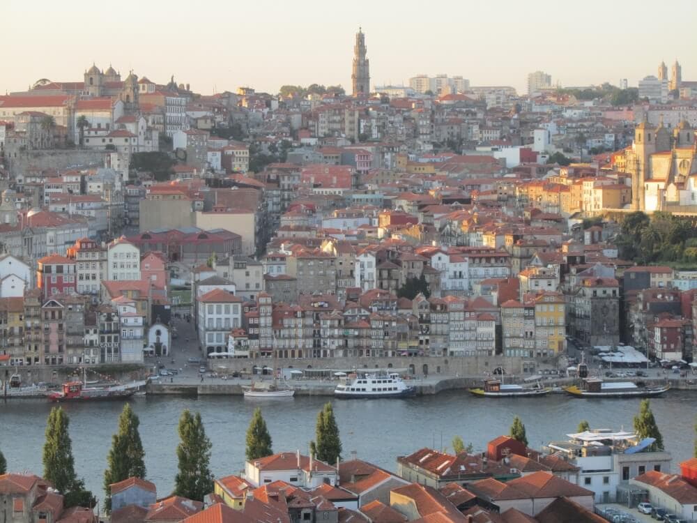 A photo of Oporto, Portugal and the Douro River taken from the viewpoint of the Yeatman Hotel. 