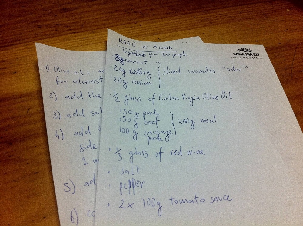 Photo of hand written notes for Bolognese recipe.