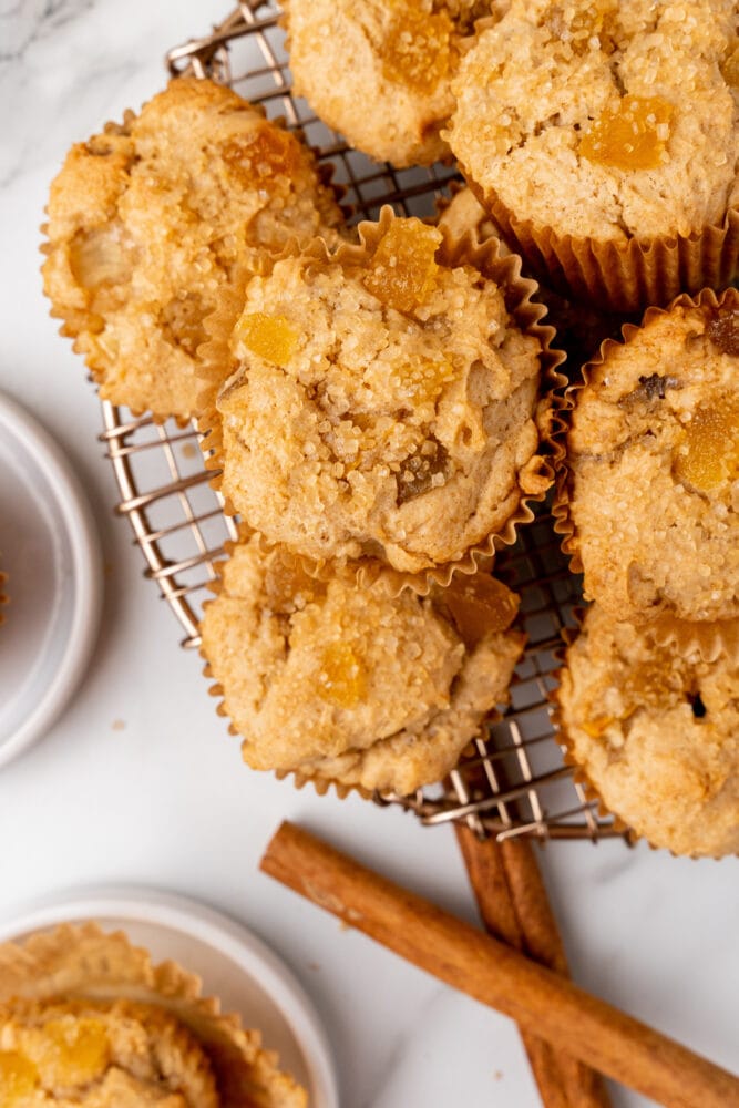 close up of top of pear muffins