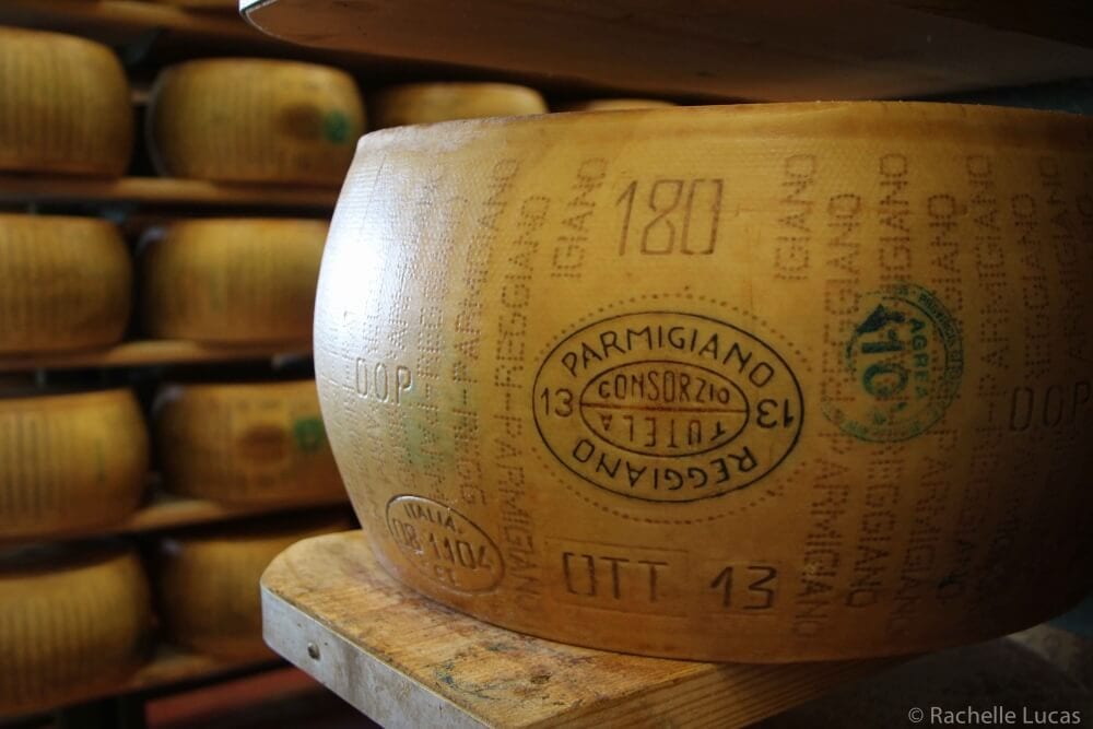 A wheel of Parmigiano Reggiano cheese.