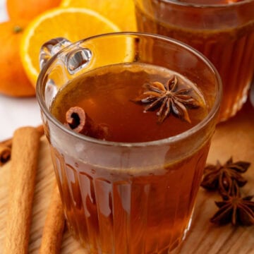 hot spiced cinnamon rum in a clear cup