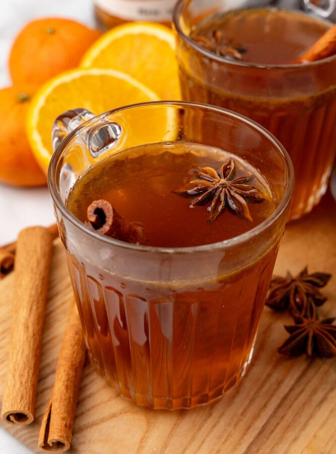 hot spiced cinnamon rum in a clear cup