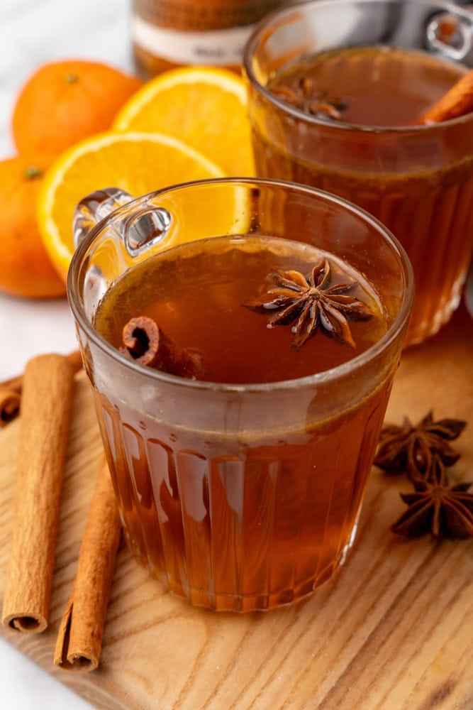 hot spiced cinnamon rum in a clear cup