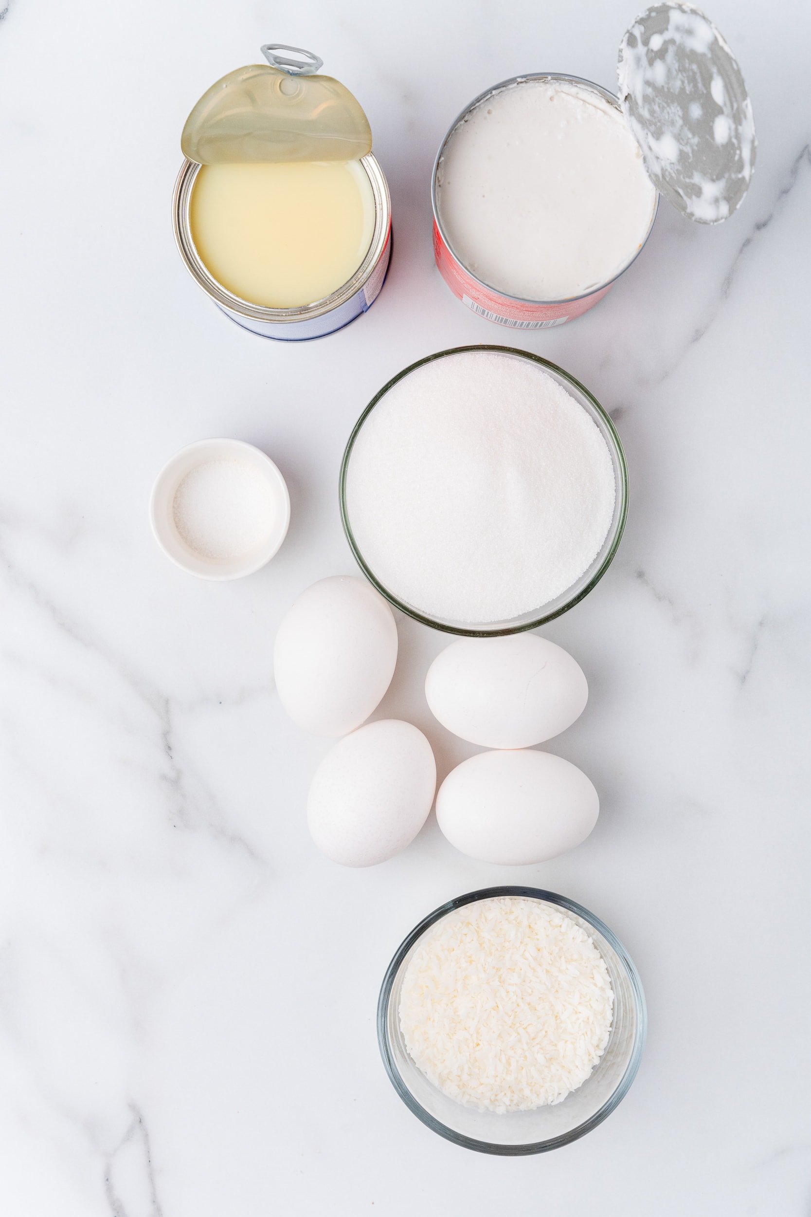 Ingredients for coconut flan including sweetened condensed milk, canned coconut milk, sugar, salt, eggs, and shredded coconut.