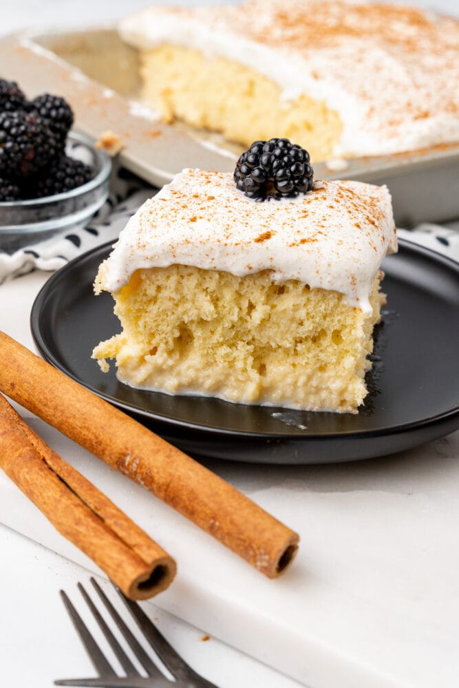 slice of tres leches cake with blackberry on top