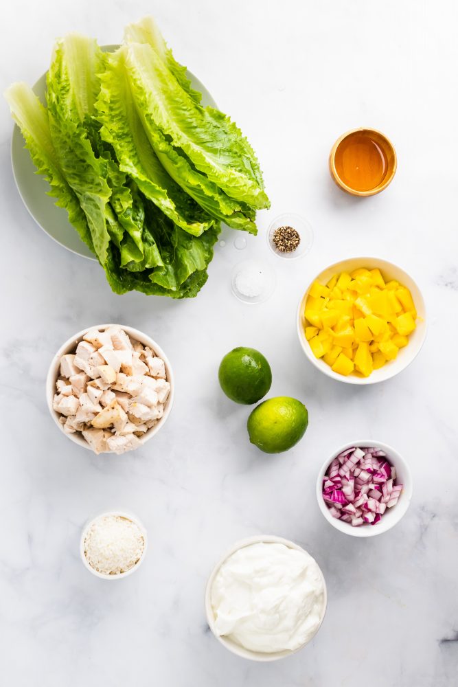 Overhead shot of ingredients used to make the salad and dressing -- all measured and separated and organized in individual bowls.