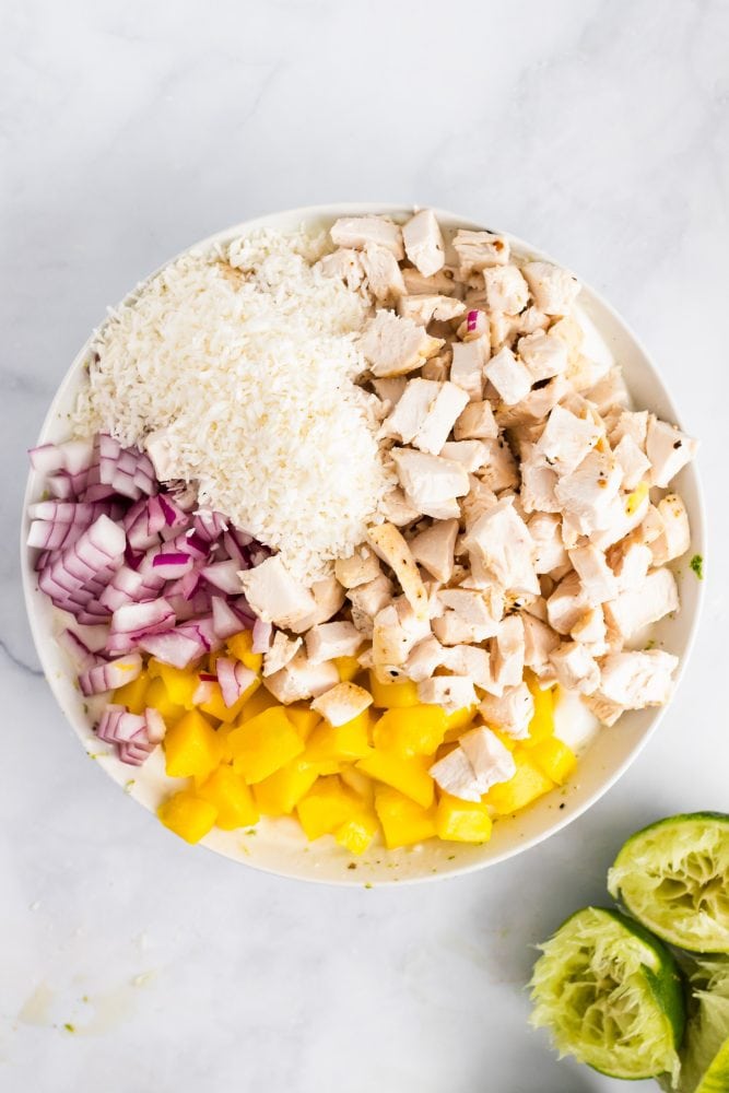 Overhead shot of bowl full of ingredients to make the mango chicken salad including red onion, shredded coconut, chicken, and diced mango.