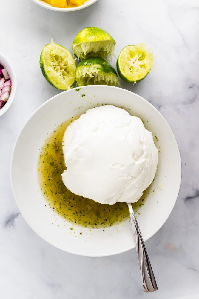 A large spoonful of yogurt before being mixed in with the other dressing ingredients.