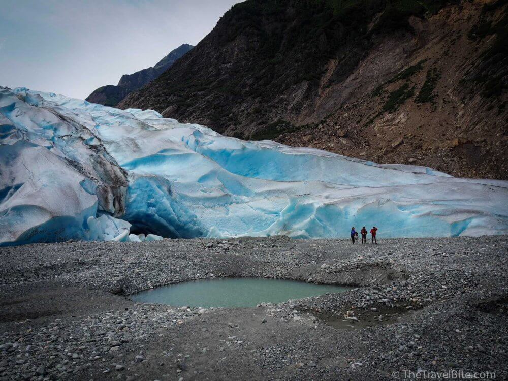 Photo of Davidson Glacier showing the bright blue ice.