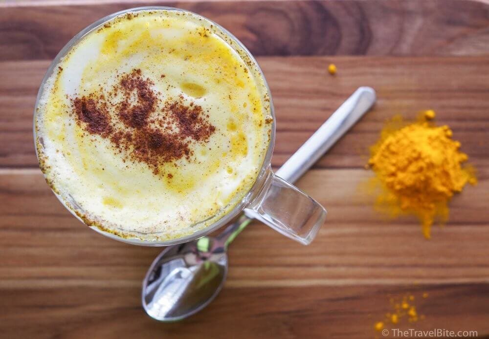 Overhead photo of turmeric milk latte.