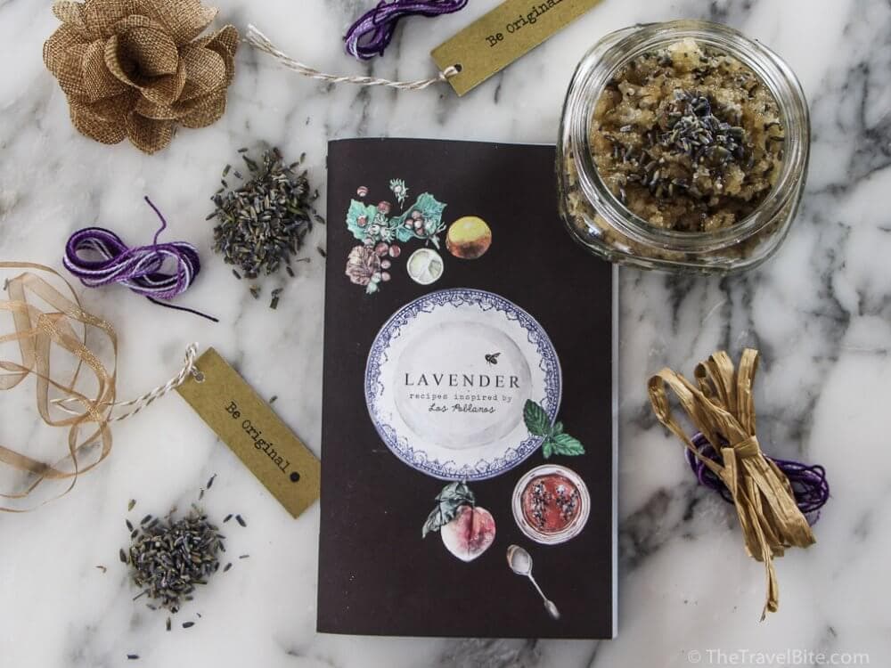 Lavender recipe book with ribbons to decorate jar and DIY Honey Lip Scrub with purple lavender.