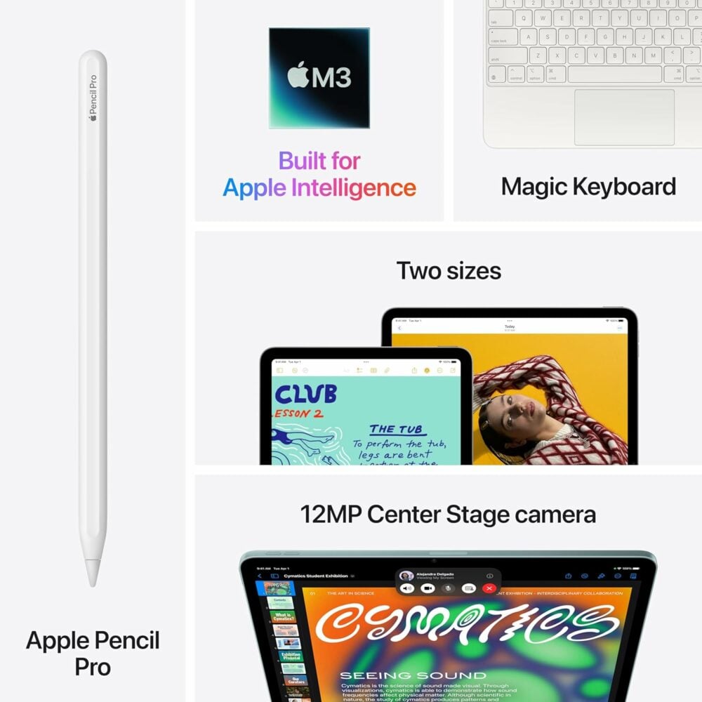 iPad Pro Specs (apple pro pencil, M3 processor, Magic Keyboard, 2 sizes, camera.