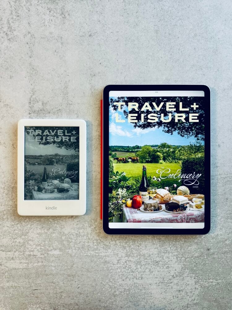 Kindle next to an iPad to show Travel and Leisure magazine cover.