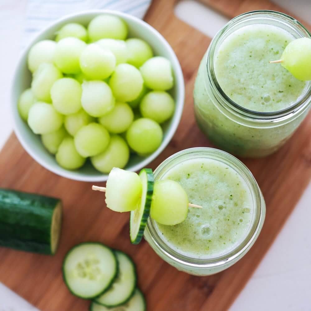 Overhead Photo Flatlay of Cucumber Melon Smoothie - TheTravelBite.com