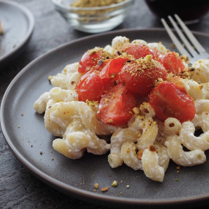 Lemon Pistachio Cavatappi with Pan Roasted Tomatoes