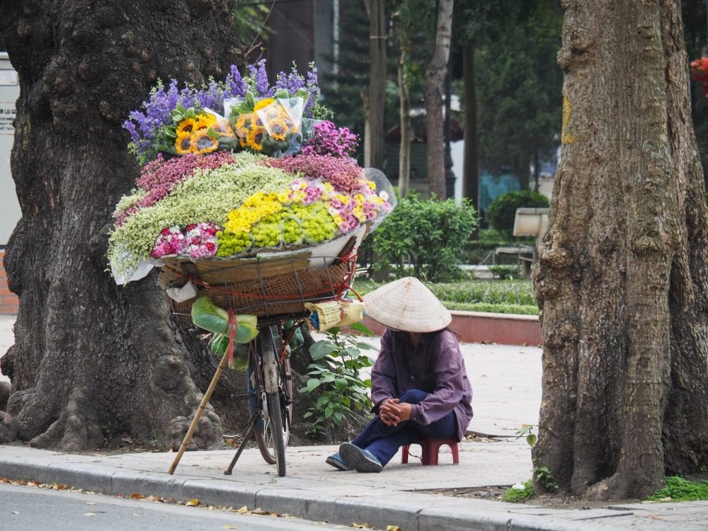 Woman sitting next to bike full of flowers