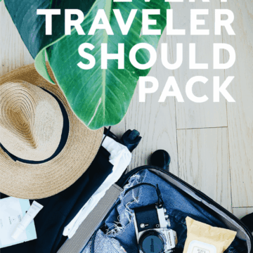 Travel Essentials Every Traveler Should Pack Pin ... Photo of suitcase with hat, clothes, camera, and wipes.