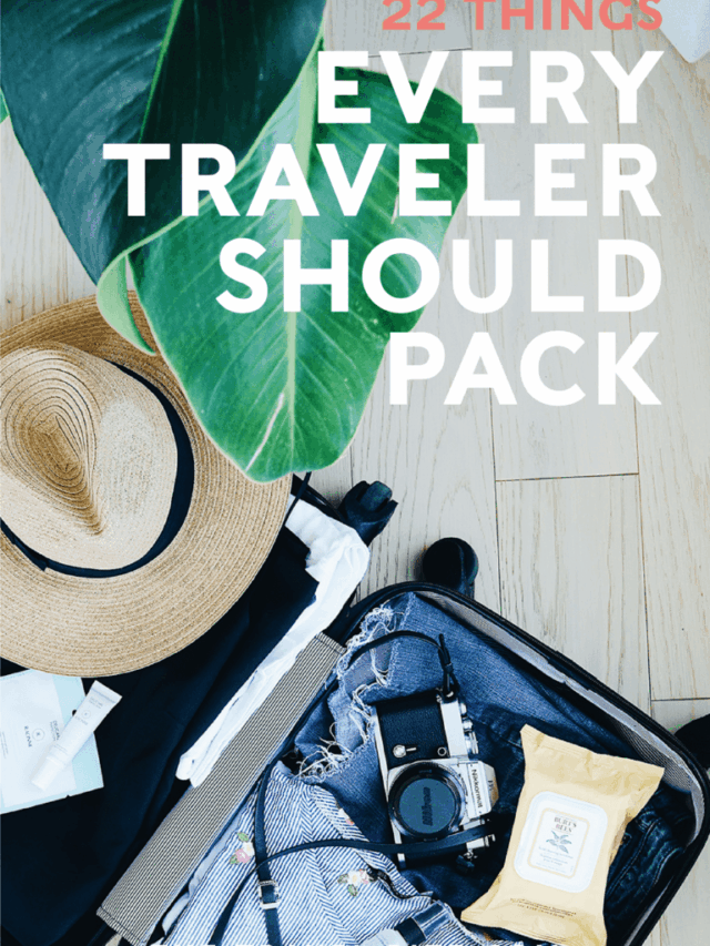 Travel Essentials Every Traveler Should Pack Pin ... Photo of suitcase with hat, clothes, camera, and wipes.