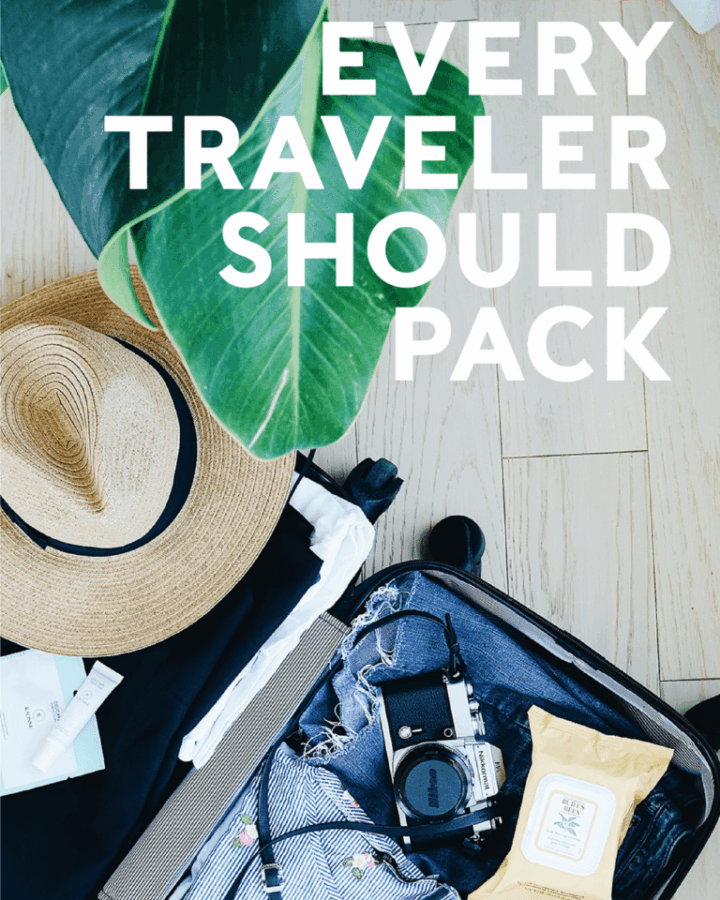 Travel Essentials Every Traveler Should Pack Pin ... Photo of suitcase with hat, clothes, camera, and wipes.