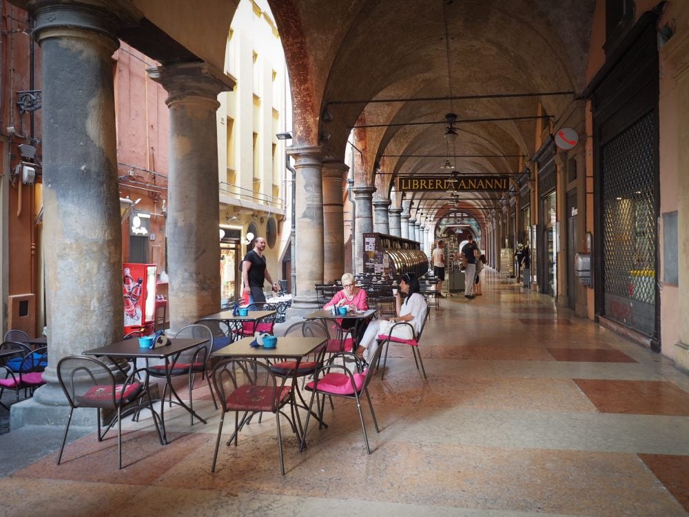 Dining underneath Bologna's porticoes near the Libreria Ananni.