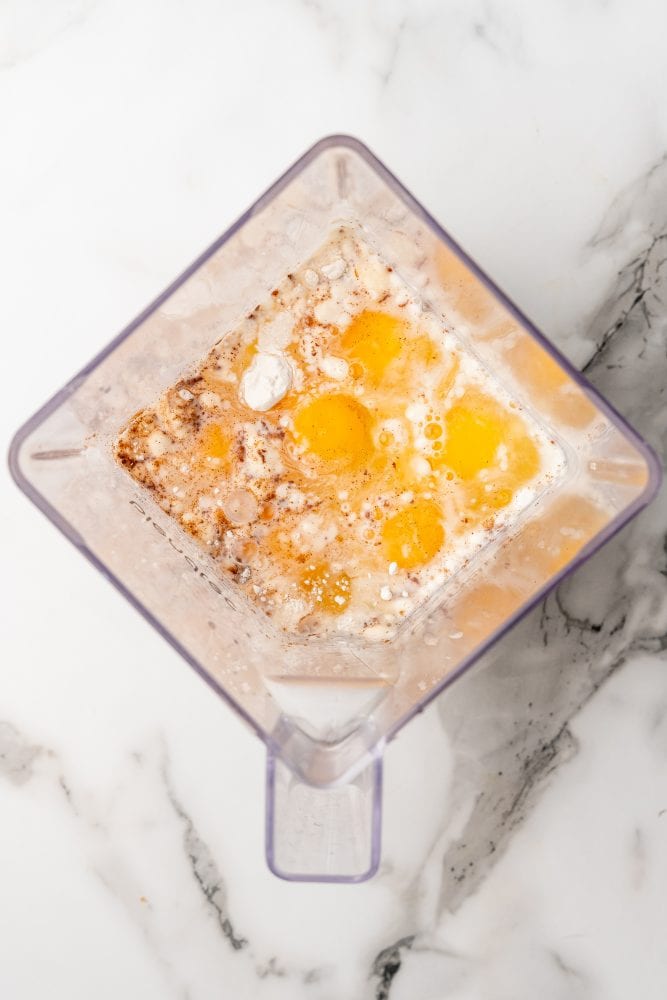 Pancake ingredients in a blender before blending.