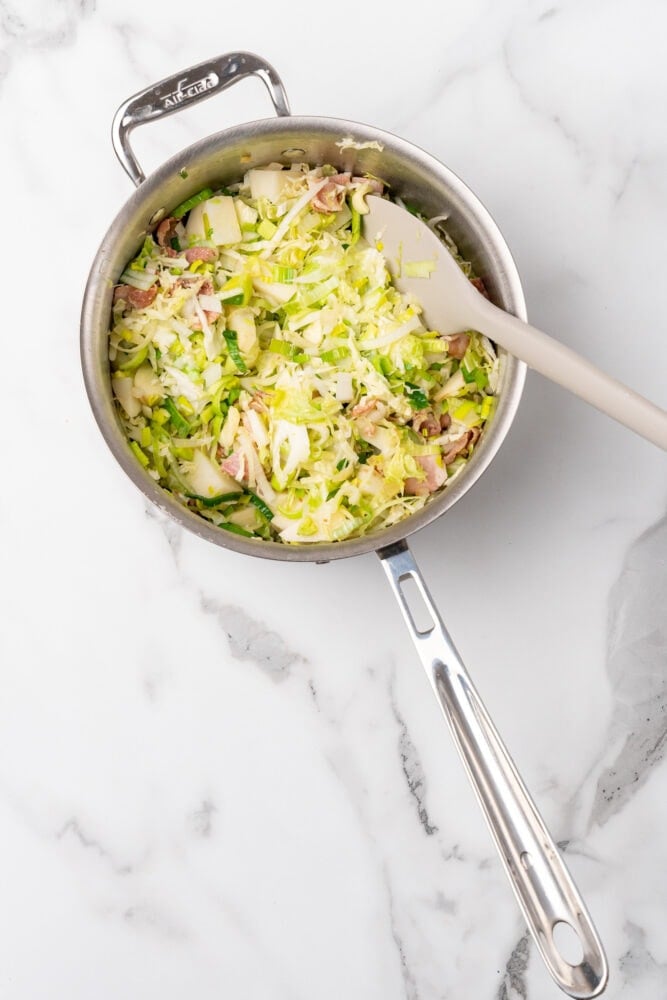 Vegetables in colcannon soup recipe cooked down before adding broth and cream.