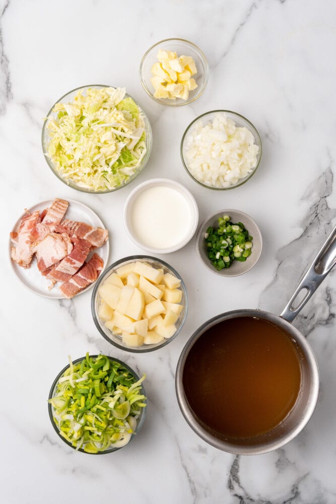 Ingredients to make colcannon soup recipe including shredded cabbage, butter, onions, cream, green onions, bacon, diced potatoes, leeks, and broth.