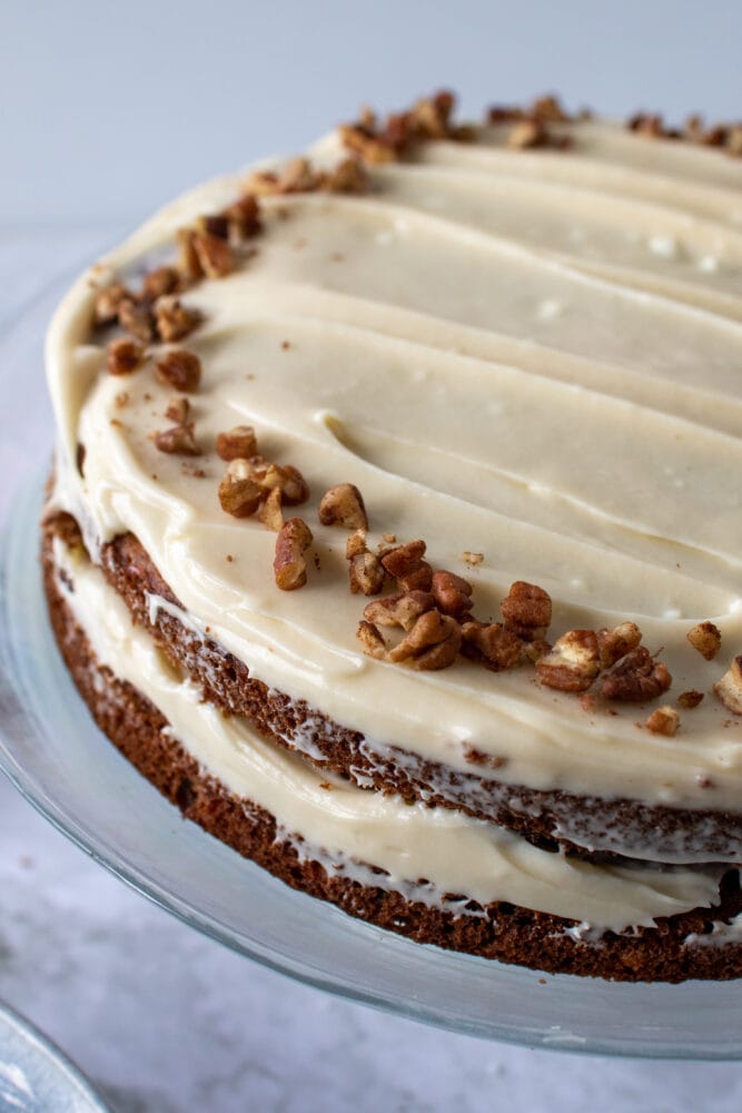 Side view of cake showing frosting in the middle and on top, with the sides "naked." And chopped walnuts decorating the top in a circle pattern around the edge.