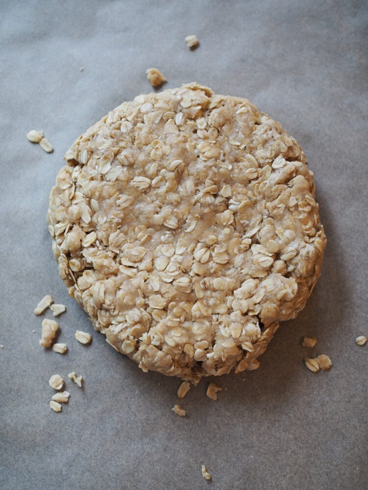 Oatcakes dough pressed into disk shape.