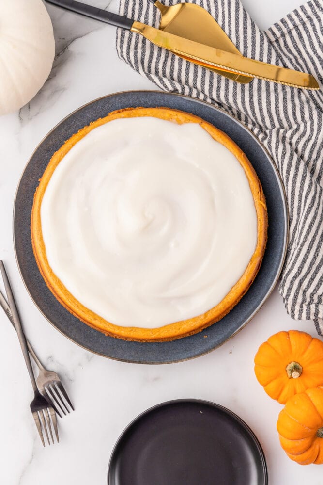 Overhead shot of pumpkin cheesecake with bourbon cream spread across the top.