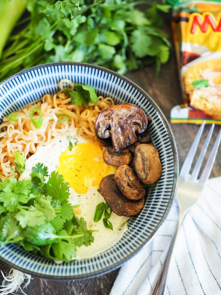 Ramen Hacks: Instant Noodles With Ramen, Soft Boiled Egg, Cilantro, and Mushrooms