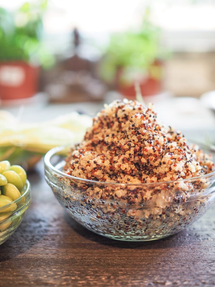 A bowl of fresh cooked multi color quinoa.