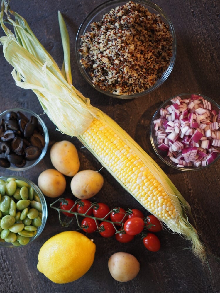 Overhead shot of whole ingredients in quinoa salad.