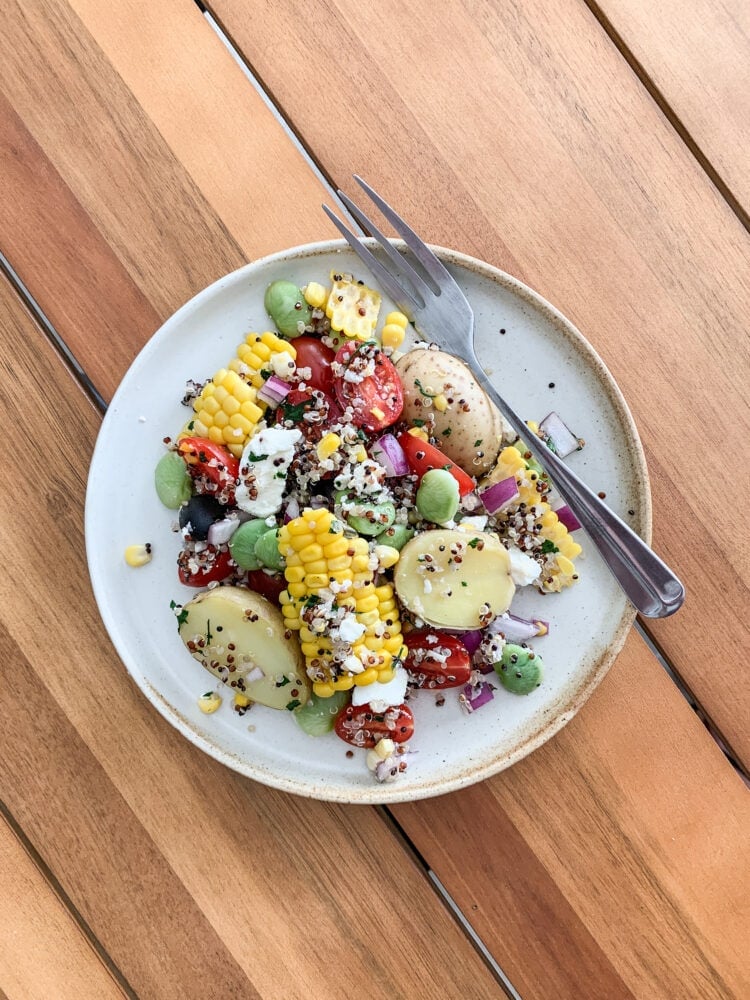 Overhead photo of single serving of quinoa salad.