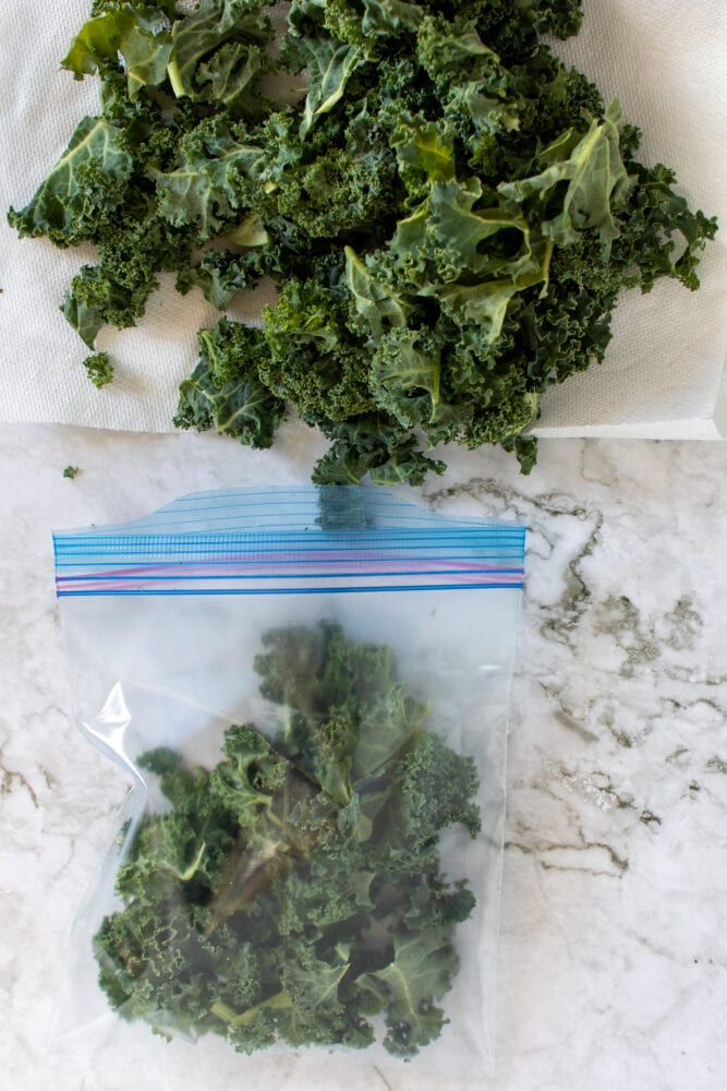 Adding fresh kale to a quart sized freezer bag.
