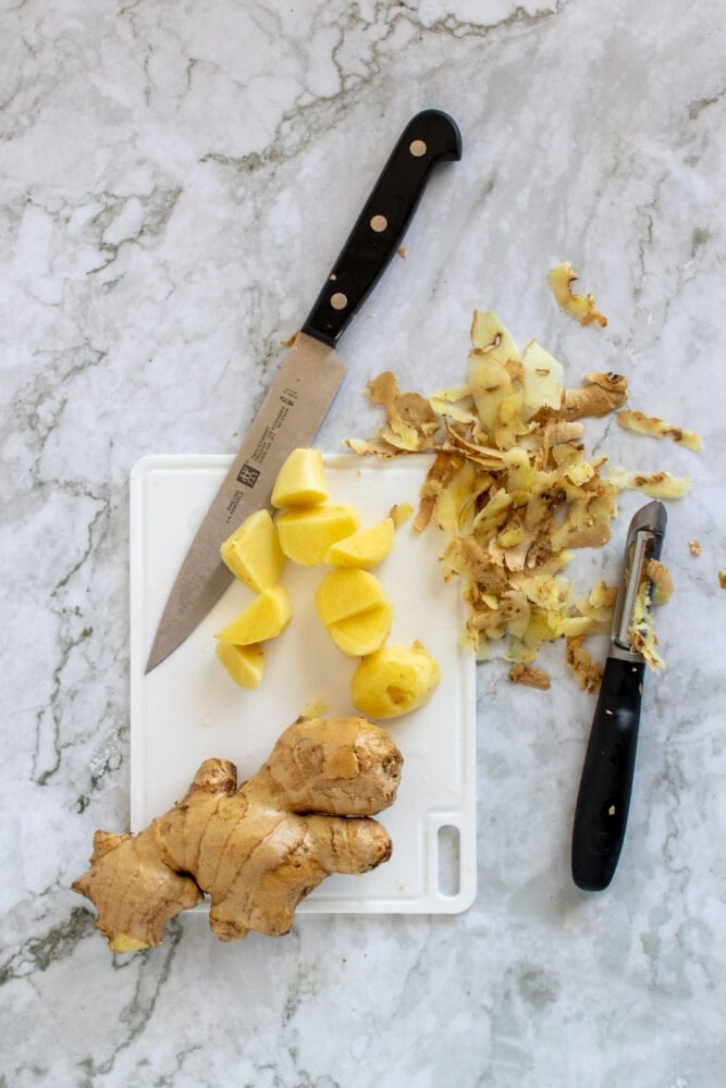 Peeled and shopped fresh ginger.