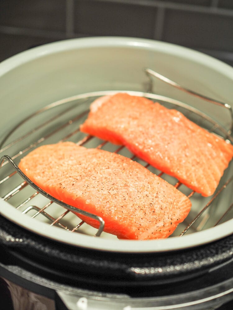 Raw salmon filets, seasoned with salt and pepper, on a roasting rack inside a Ninja Foodi air fryer.