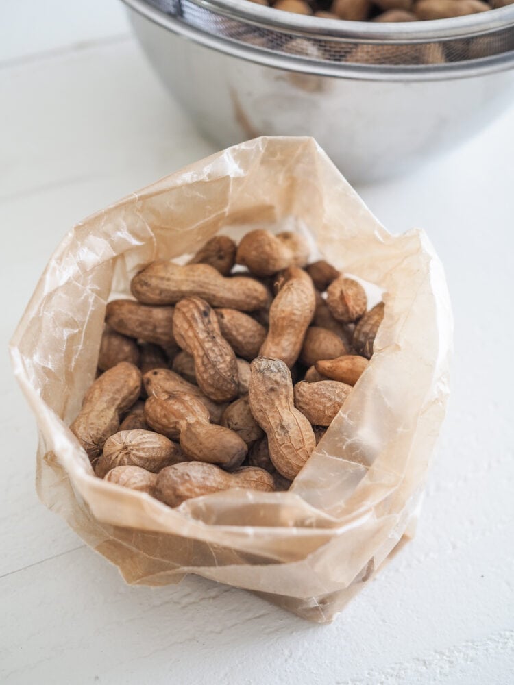 March Food Holidays: Photo of bag of homemade boiled peanuts for National Peanut Month in March