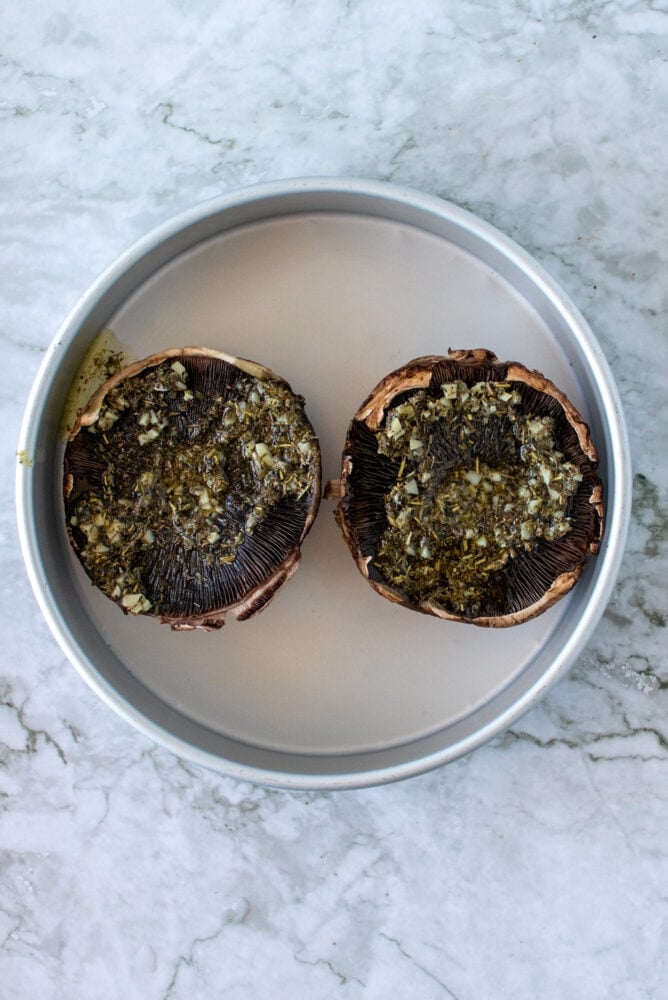 Overhead shot of cooked portobello mushrooms.