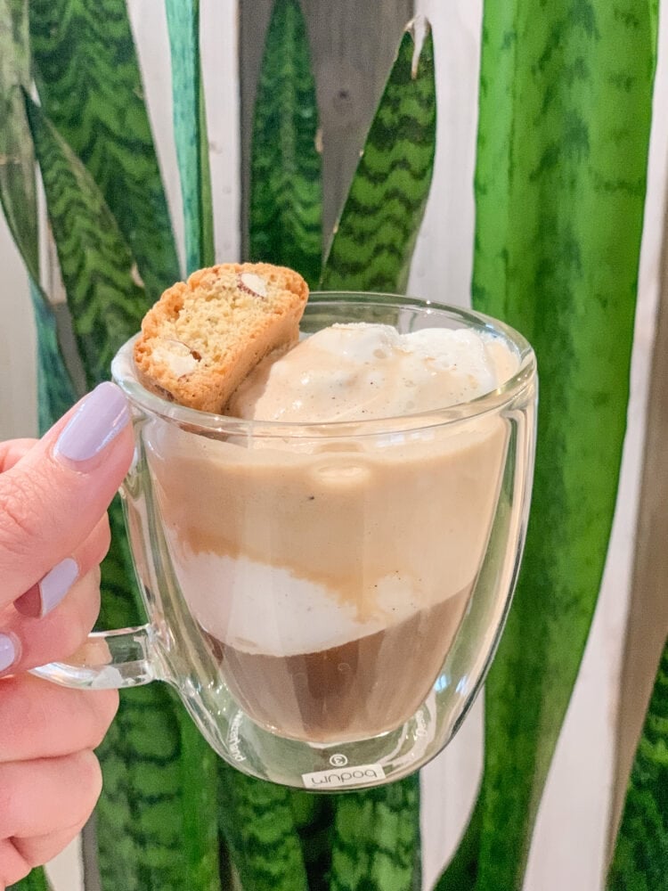An affogato: scoop of vanilla ice cream with a shot of espresso and a small biscotti in a clear glass with green plants behind it.