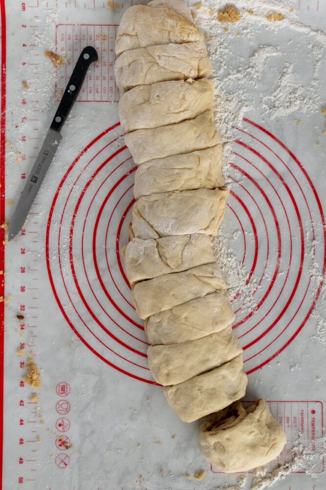 Dough roll with first slice taken so the spiral cinnamon shape inside is showing.