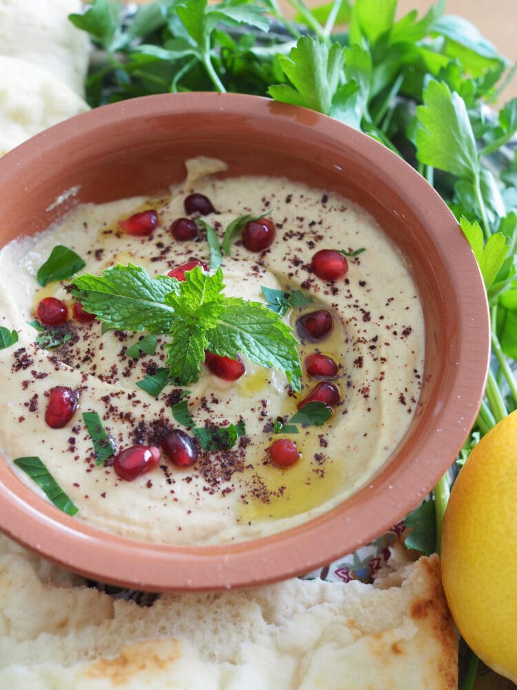 Baba ganoush in a terra cotta bowl garnished with parsley, ming, pomegranate, and sumac.