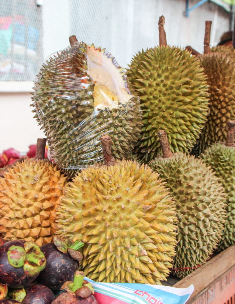 Durian Fruit stacked in a basket in Thailand