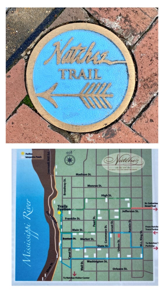 A blue Natchez Trail marker on a brick street, and a map of the Natchez Trails in downtown Natchez.