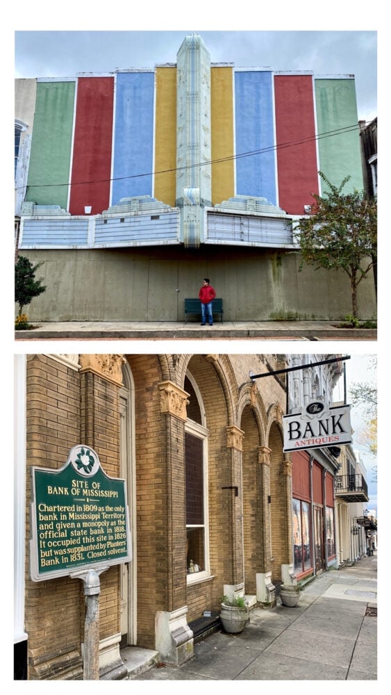 Two pictures: the one on top of a colorful old abandoned theater with alternating panels of color on the sign including green, red, blue, and yellow. The bottom picture is an antique store in a brick building that is the old site of the Bank of Mississippi.