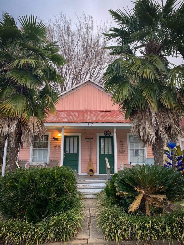 A pink and green cottage framed by palm trees in downtown Natchez.