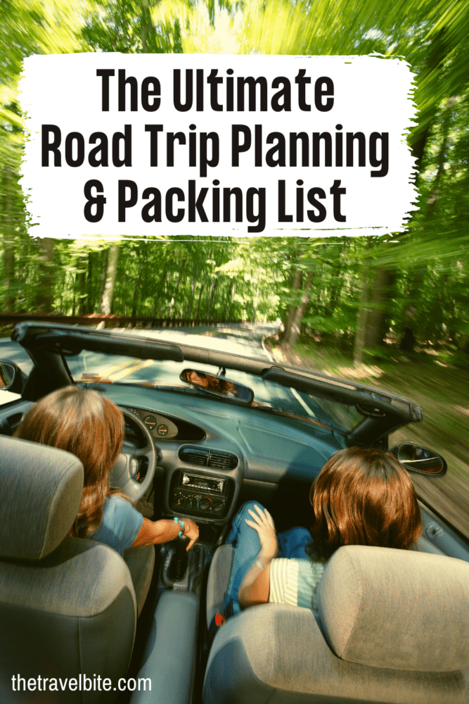 Road Trip Essentials Image to pin for Pinterest. Couple in convertible driving in a forest. 